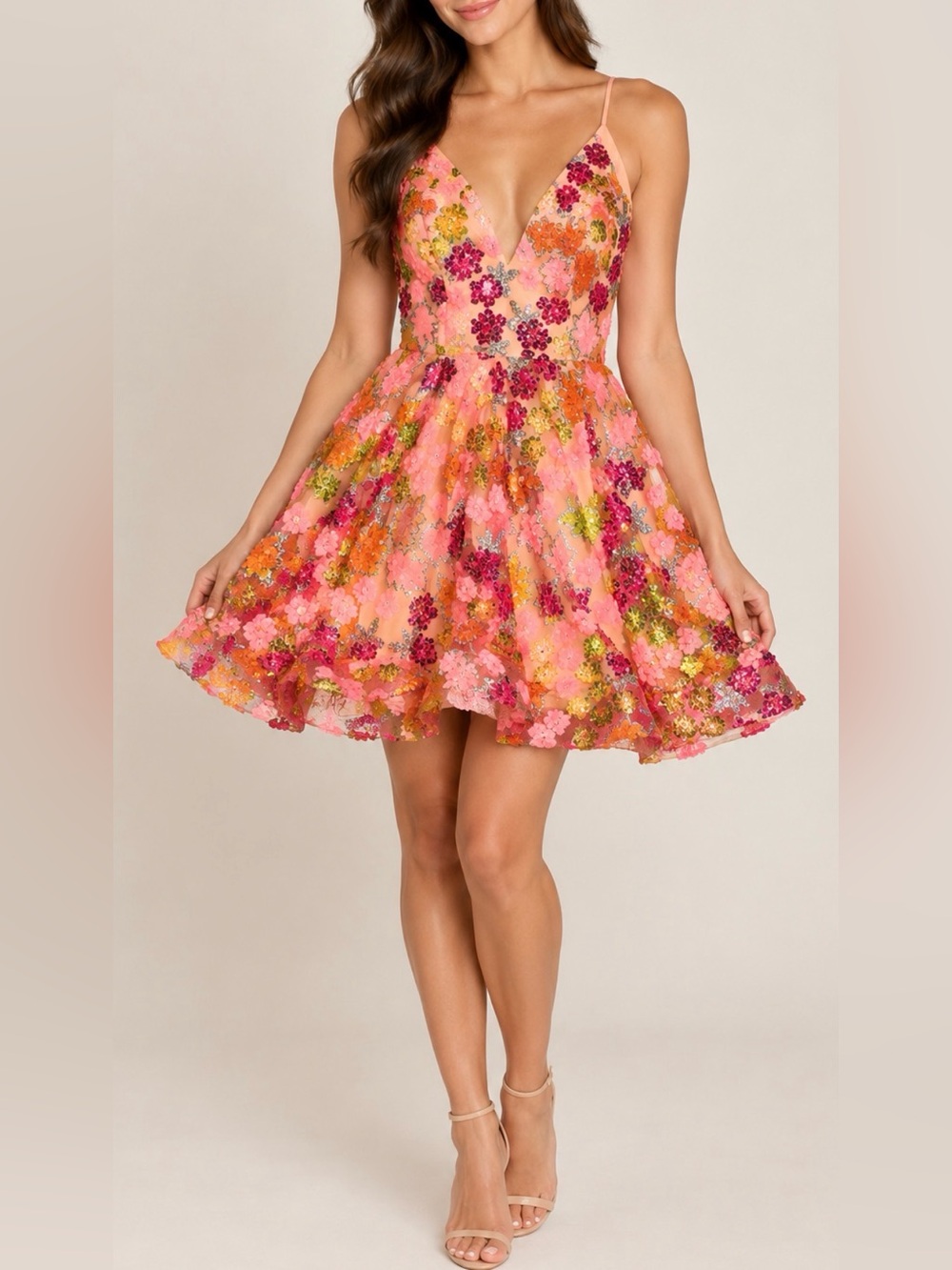 NEW HELSI Madeline coral pink Floral Appliqué sequins mini dress Sz XS